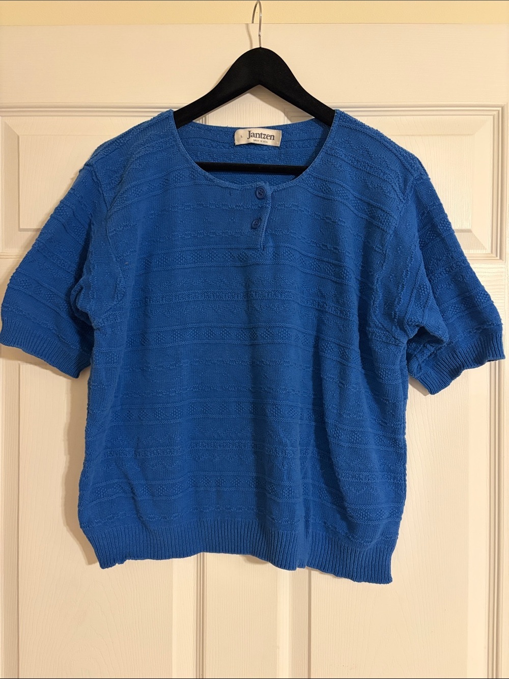 Jantzen Vintage Blue Short Sleeve Knit Henley Sweater Top Large